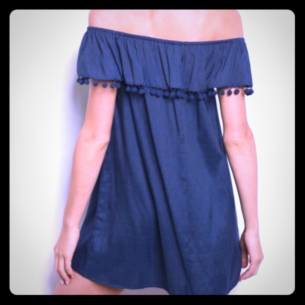 Navy off-shoulder embroidered  dress